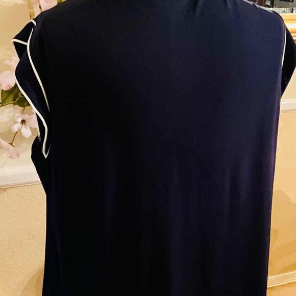 Adrianna Papell Dark Blue and White Tie Front Blouse with Sailor Collar - Picture 3 of 4